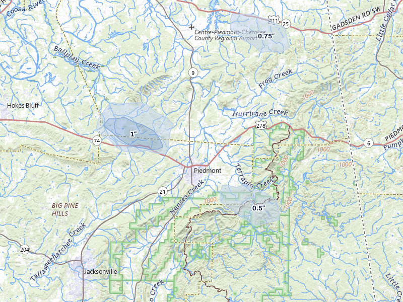 NEXRAD radar-signature map of the hail storm over Piedmont, AL on Aug 7, 2026