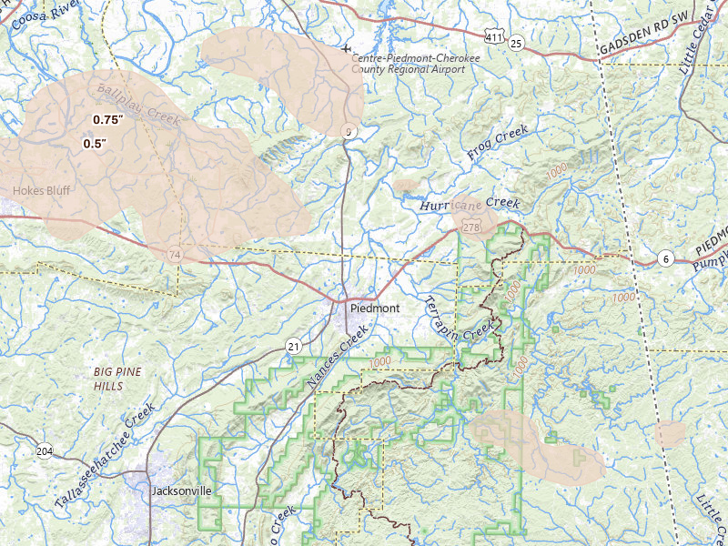 Radar-estimated hail-size map of the storm over Piedmont, AL on Aug 11, 2026
