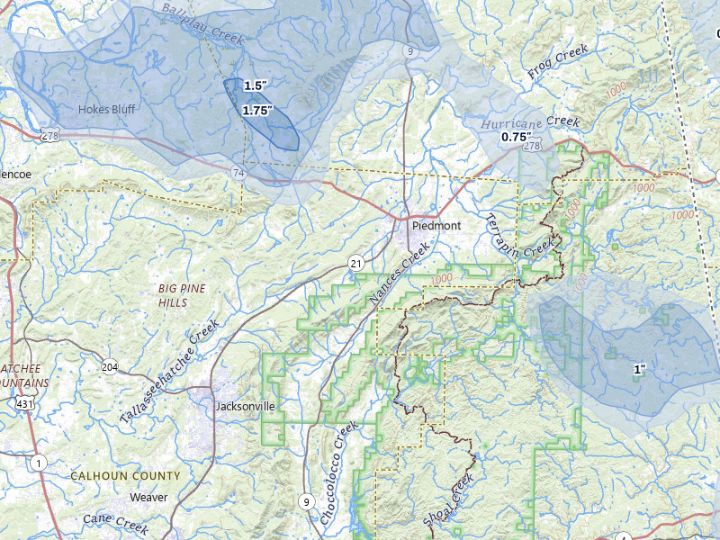 NEXRAD radar-signature map of the hail storm over Piedmont, AL on Aug 11, 2026