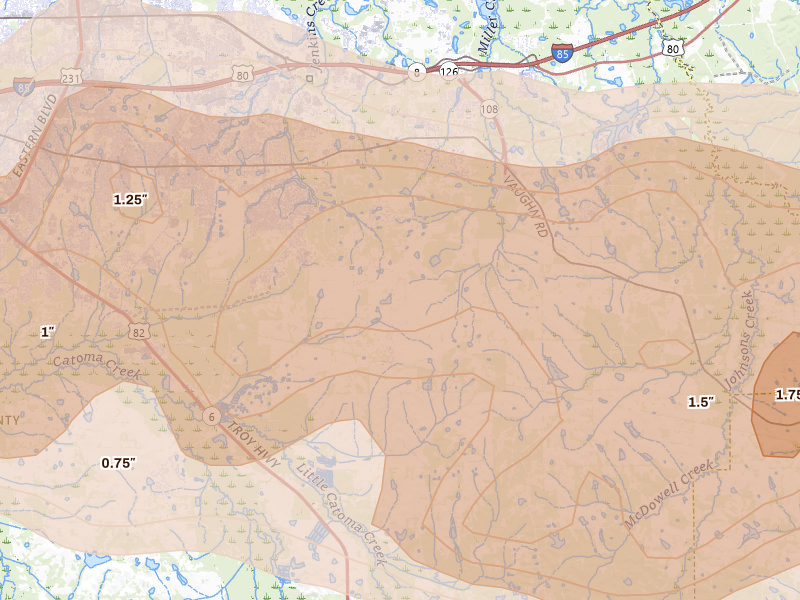 Radar-estimated hail-size map of the storm over Pike Road, AL on May 6, 2026