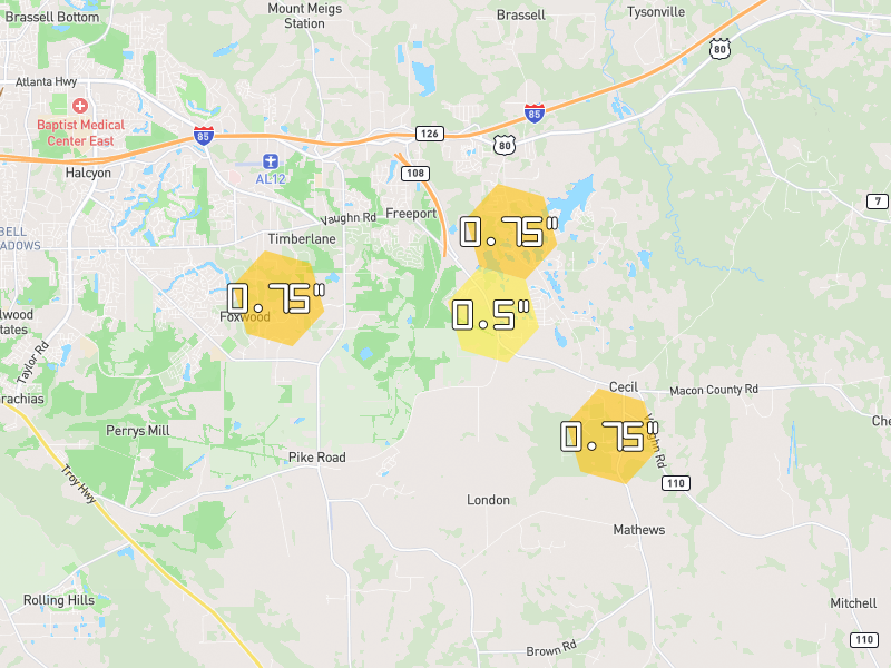 Hail map of Pike Road, AL on Jun 1, 2026, hail up to 0.75"