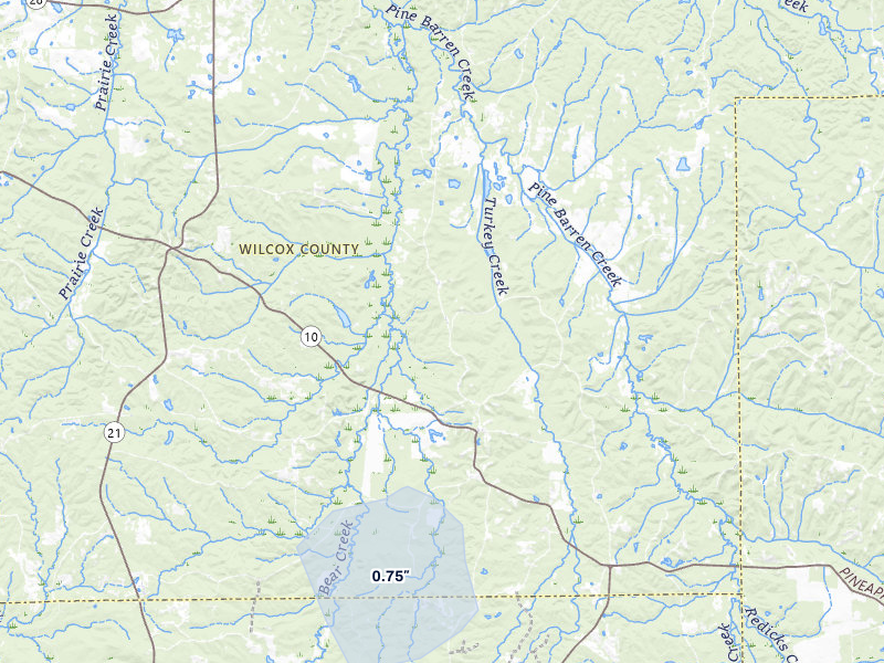 NEXRAD radar-signature map of the hail storm over Pine Apple, AL on Jul 30, 2026