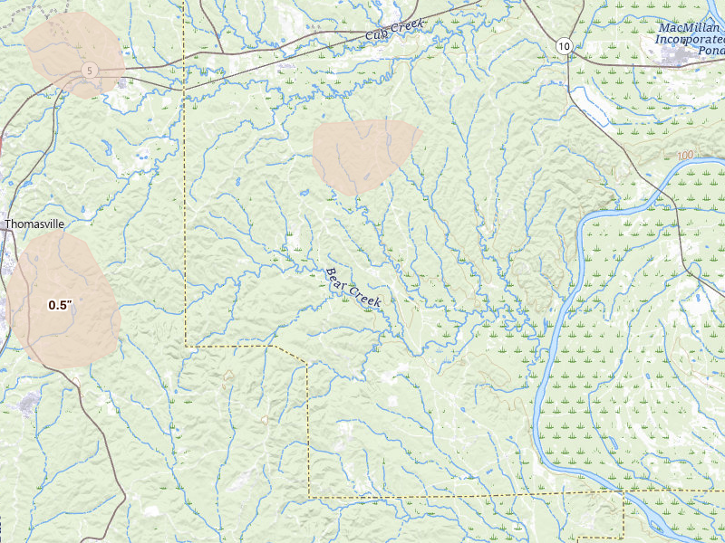 Radar-estimated hail-size map of the storm over Pine Hill, AL on Jun 1, 2026
