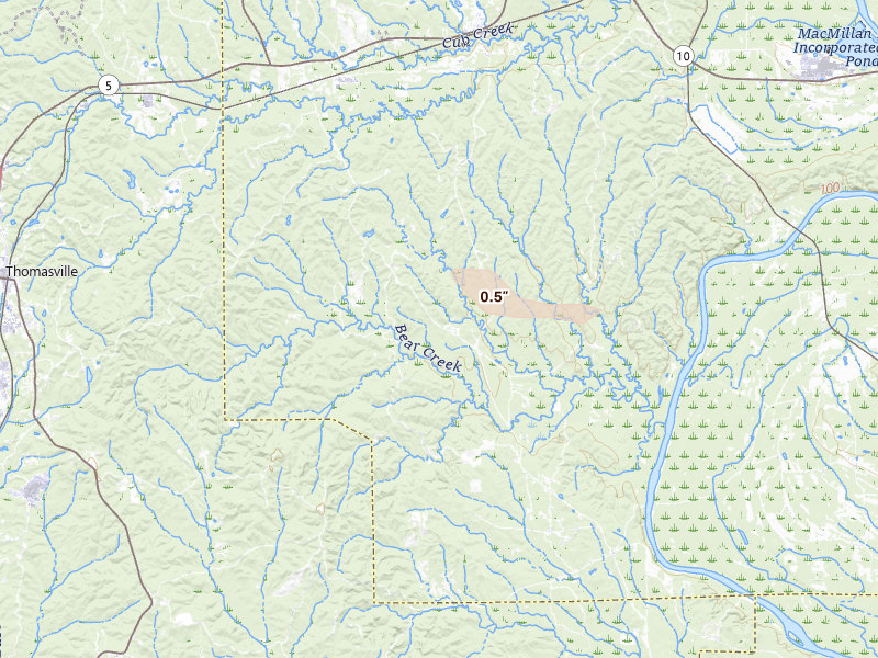 Radar-estimated hail-size map of the storm over Pine Hill, AL on Jun 19, 2026