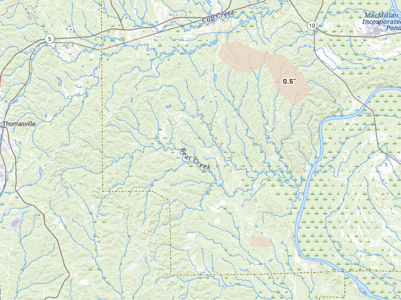 Radar-estimated hail-size map of the storm over Pine Hill, AL on Aug 24, 2026