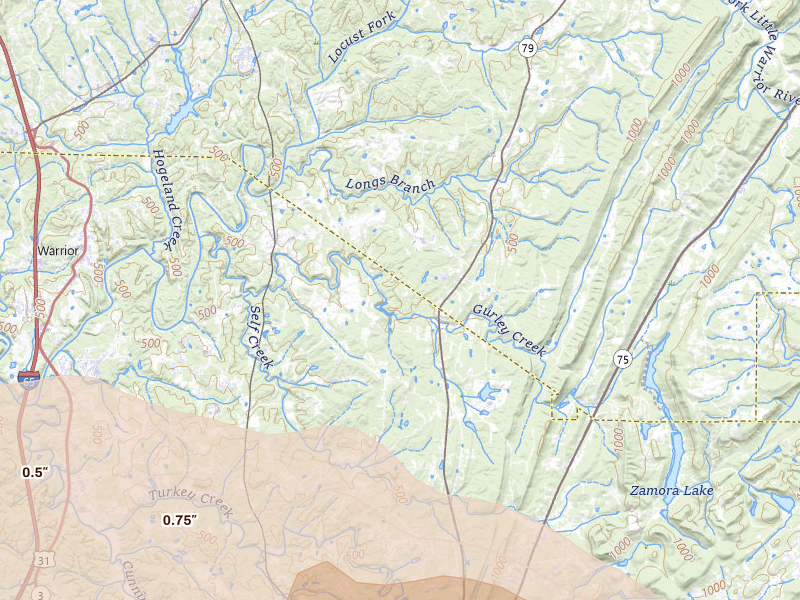 Radar-estimated hail-size map of the storm over Pinson, AL on Feb 26, 2026