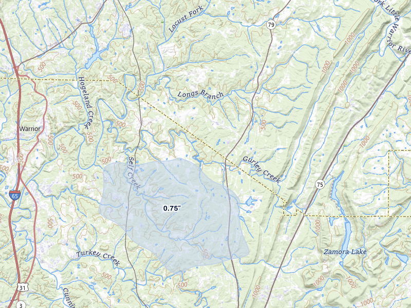 NEXRAD radar-signature map of the hail storm over Pinson, AL on Jun 1, 2026