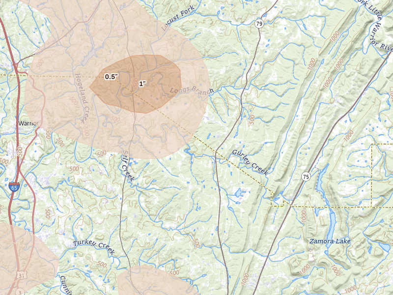 Radar-estimated hail-size map of the storm over Pinson, AL on Jul 1, 2026