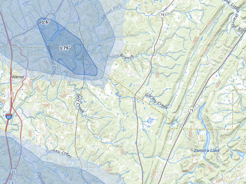NEXRAD radar-signature map of the hail storm over Pinson, AL on Jul 1, 2026