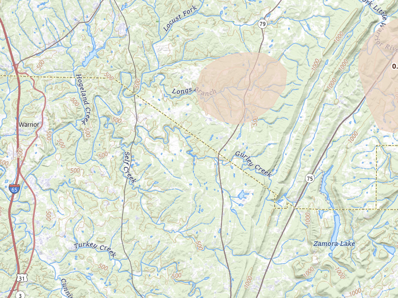 Radar-estimated hail-size map of the storm over Pinson, AL on Jul 3, 2026