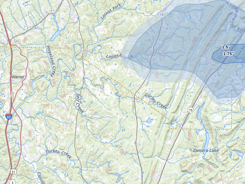 NEXRAD radar-signature map of the hail storm over Pinson, AL on Jul 3, 2026