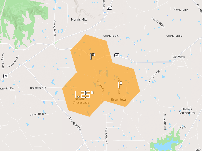 Hail map of Pisgah, AL on Jul 1, 2026, hail up to 1.25"