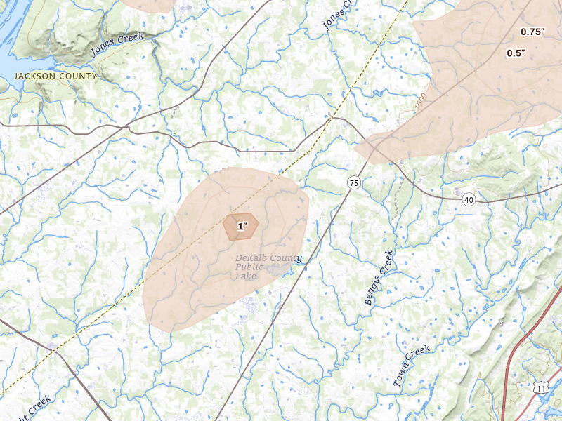 Radar-estimated hail-size map of the storm over Pisgah, AL on Jul 3, 2026