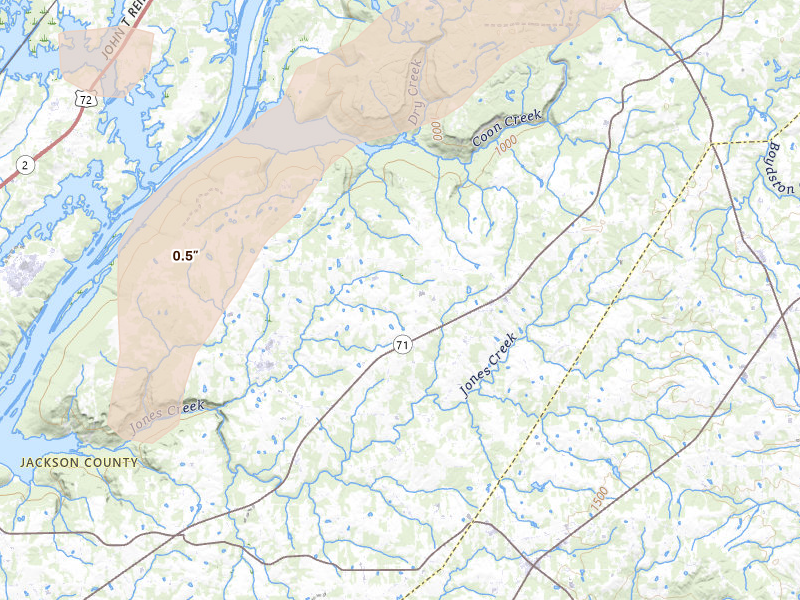 Radar-estimated hail-size map of the storm over Pisgah, AL on Aug 1, 2026