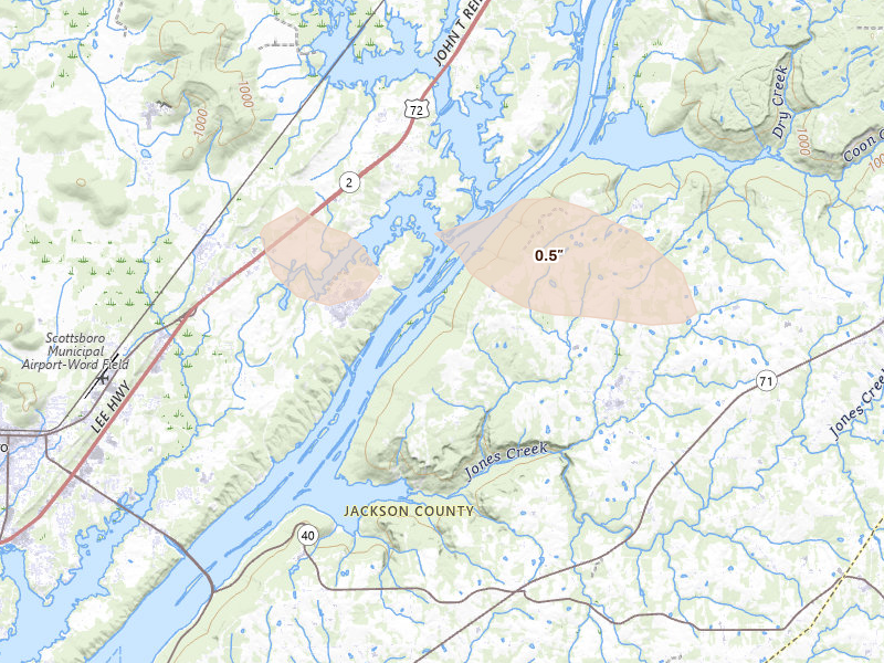 Radar-estimated hail-size map of the storm over Pisgah, AL on Aug 11, 2026