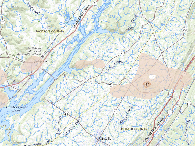 Radar-estimated hail-size map of the storm over Pisgah, AL on Aug 17, 2026