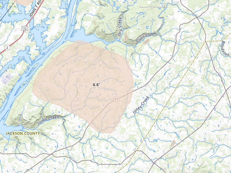 Radar-estimated hail-size map of the storm over Pisgah, AL on Aug 20, 2026