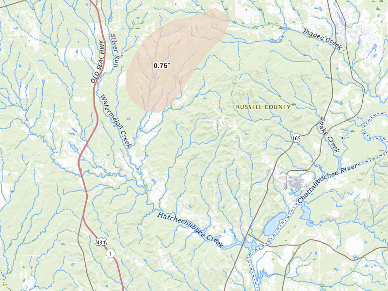 Radar-estimated hail-size map of the storm over Pittsview, AL on May 22, 2026