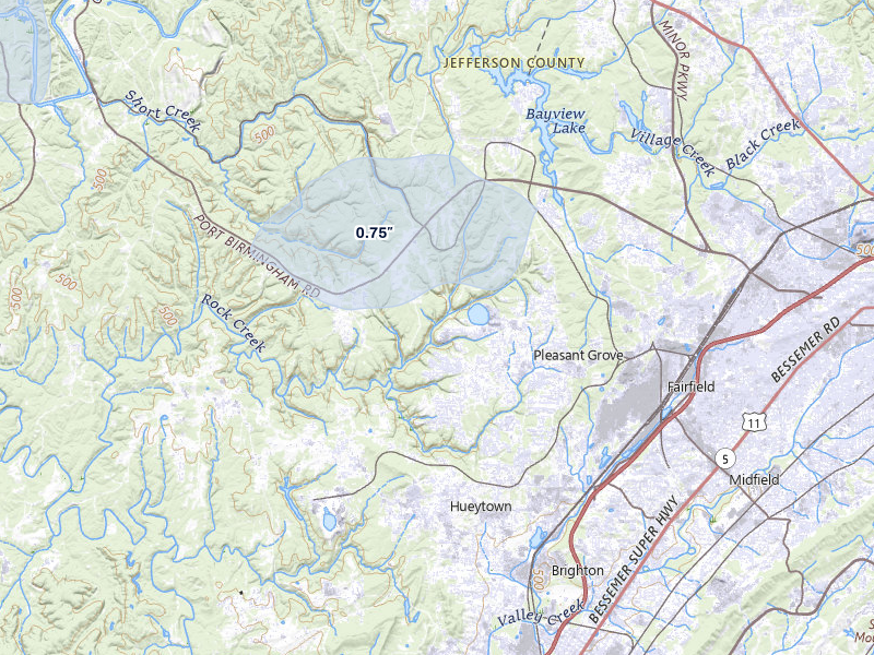 NEXRAD radar-signature map of the hail storm over Pleasant Grove, AL on Jun 1, 2026