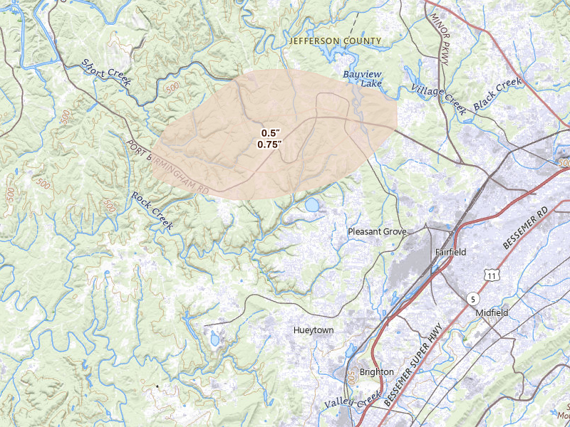Radar-estimated hail-size map of the storm over Pleasant Grove, AL on Jul 1, 2026