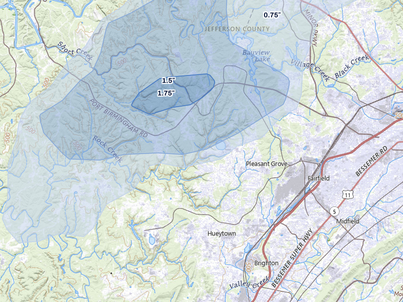 NEXRAD radar-signature map of the hail storm over Pleasant Grove, AL on Jul 1, 2026