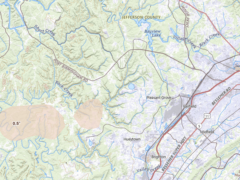 Radar-estimated hail-size map of the storm over Pleasant Grove, AL on Jul 3, 2026