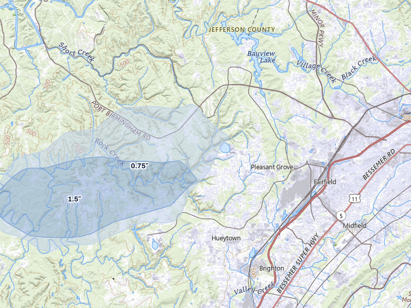 NEXRAD radar-signature map of the hail storm over Pleasant Grove, AL on Jul 3, 2026