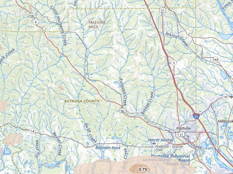 Radar-estimated hail-size map of the storm over Prattville, AL on May 6, 2026
