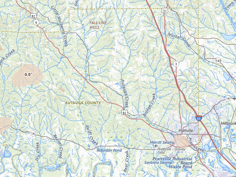 Radar-estimated hail-size map of the storm over Prattville, AL on Jul 1, 2026