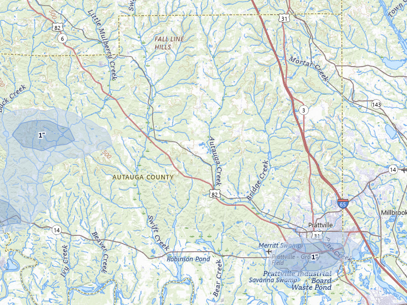 NEXRAD radar-signature map of the hail storm over Prattville, AL on Jul 1, 2026