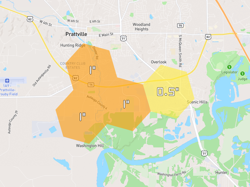 Hail map of Prattville, AL on Jul 1, 2026, hail up to 1"