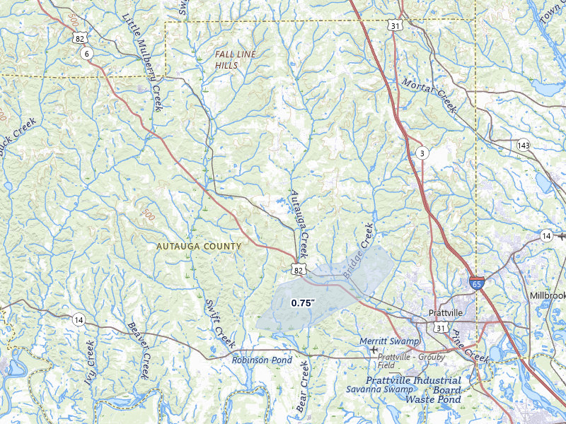 NEXRAD radar-signature map of the hail storm over Prattville, AL on Jul 5, 2026