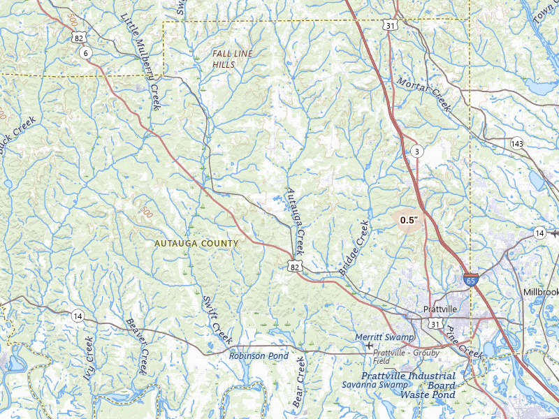 Radar-estimated hail-size map of the storm over Prattville, AL on Jul 7, 2026