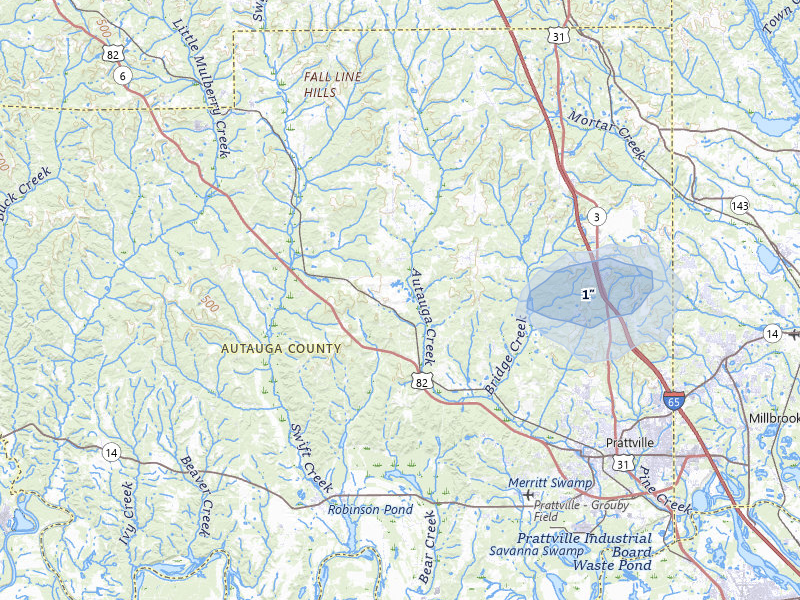 NEXRAD radar-signature map of the hail storm over Prattville, AL on Jul 7, 2026