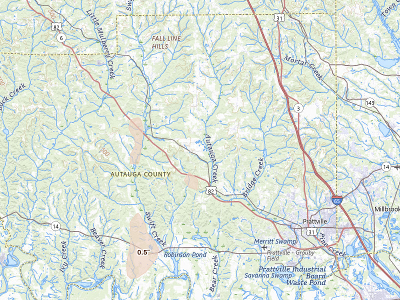 Radar-estimated hail-size map of the storm over Prattville, AL on Jul 19, 2026