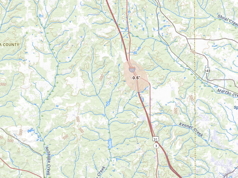 Radar-estimated hail-size map of the storm over Prattville, AL on Aug 6, 2026