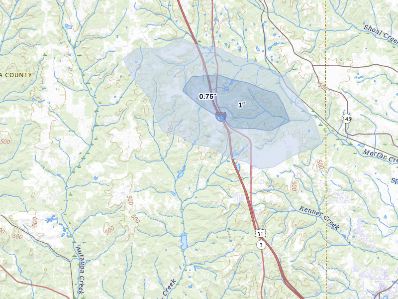 NEXRAD radar-signature map of the hail storm over Prattville, AL on Aug 6, 2026