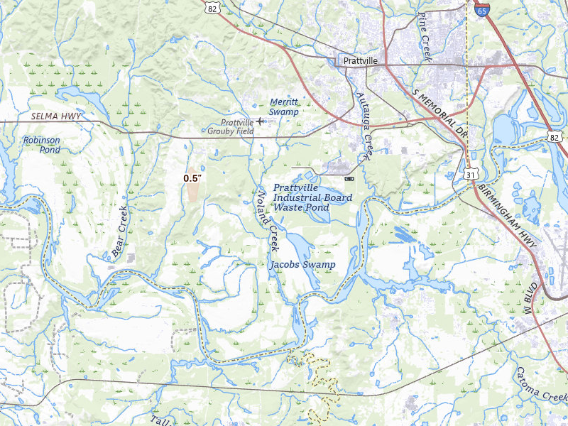 Radar-estimated hail-size map of the storm over Prattville, AL on Aug 14, 2026