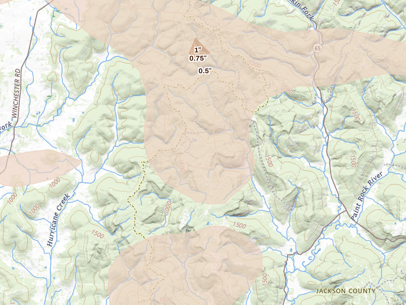 Radar-estimated hail-size map of the storm over Princeton, AL on Aug 20, 2026