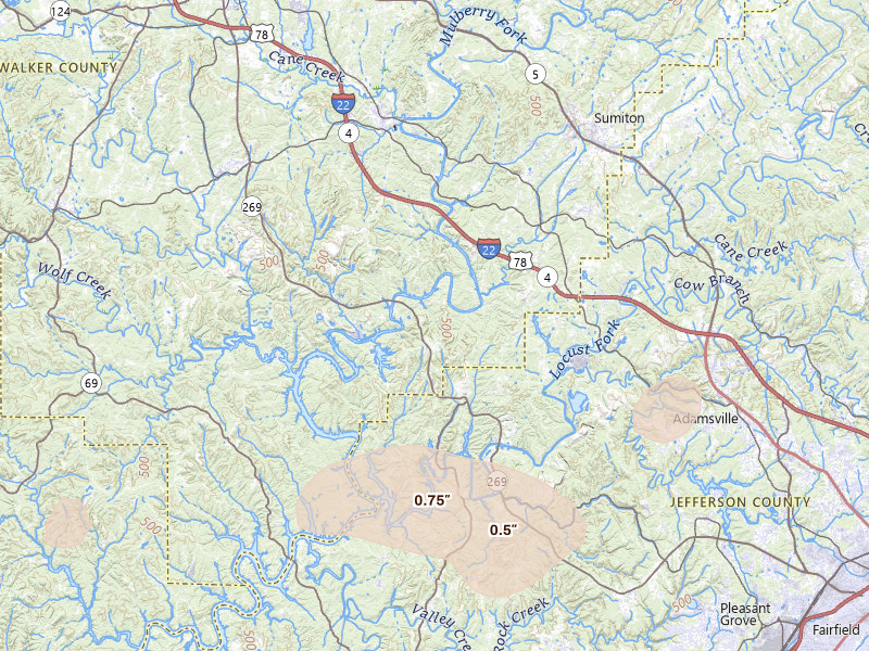 Radar-estimated hail-size map of the storm over Quinton, AL on Apr 29, 2026
