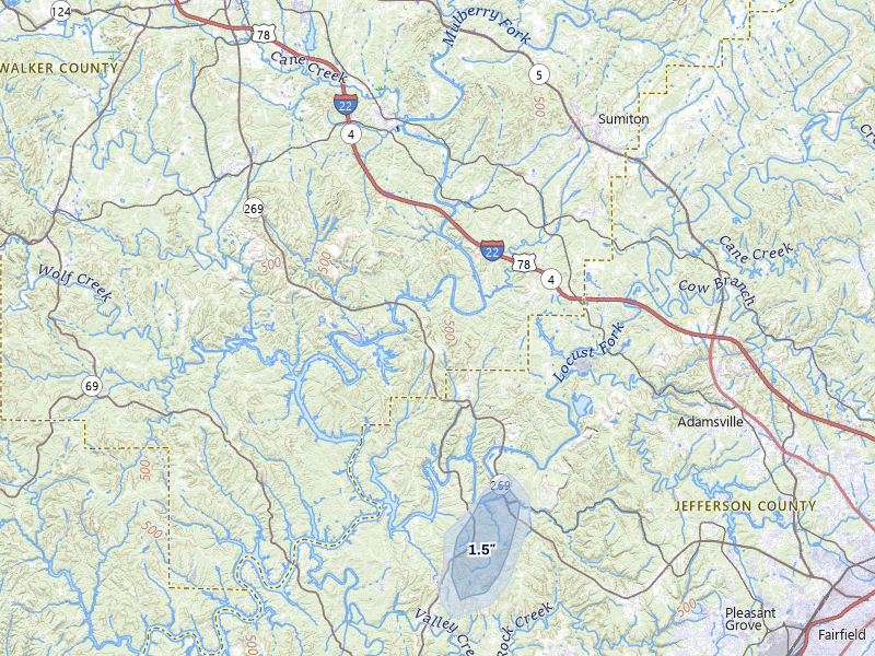 NEXRAD radar-signature map of the hail storm over Quinton, AL on Apr 29, 2026