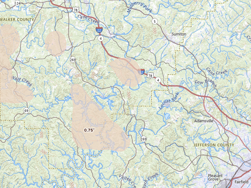 Radar-estimated hail-size map of the storm over Quinton, AL on Jun 1, 2026