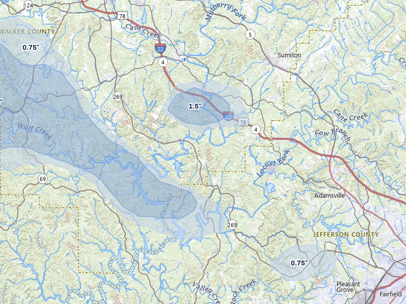 NEXRAD radar-signature map of the hail storm over Quinton, AL on Jun 1, 2026