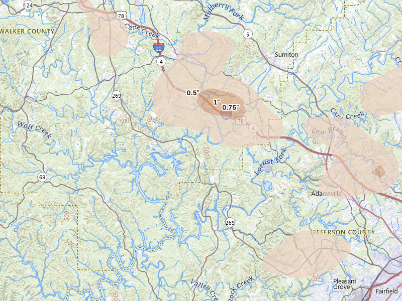 Radar-estimated hail-size map of the storm over Quinton, AL on Jul 1, 2026