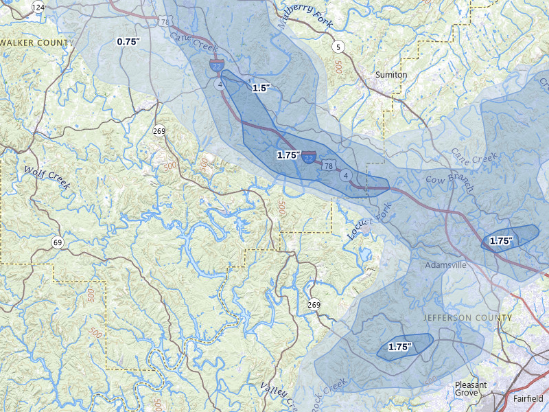 NEXRAD radar-signature map of the hail storm over Quinton, AL on Jul 1, 2026