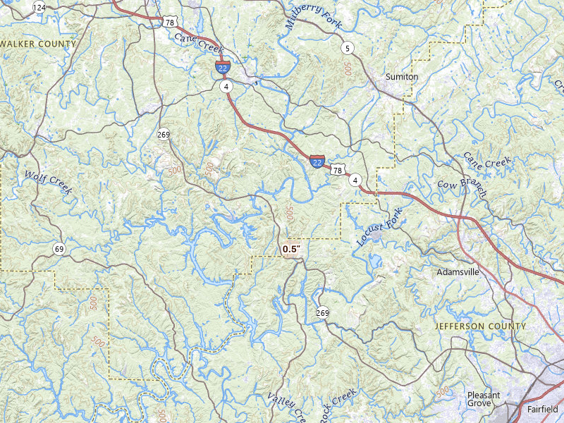 Radar-estimated hail-size map of the storm over Quinton, AL on Jul 17, 2026