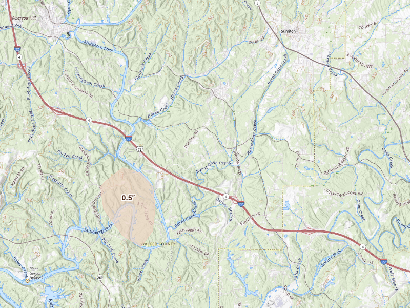 Radar-estimated hail-size map of the storm over Quinton, AL