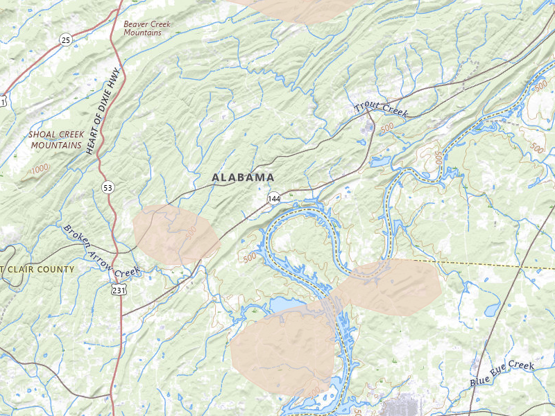 Radar-estimated hail-size map of the storm over Ragland, AL on Jul 1, 2026