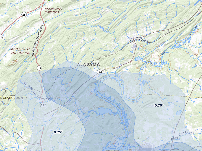 NEXRAD radar-signature map of the hail storm over Ragland, AL on Jul 1, 2026