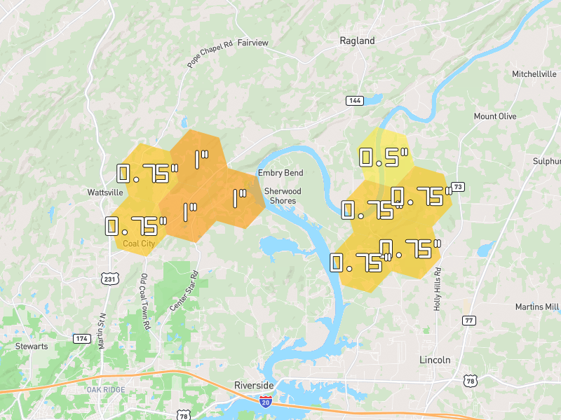 Hail map of Ragland, AL on Jul 1, 2026, hail up to 1"